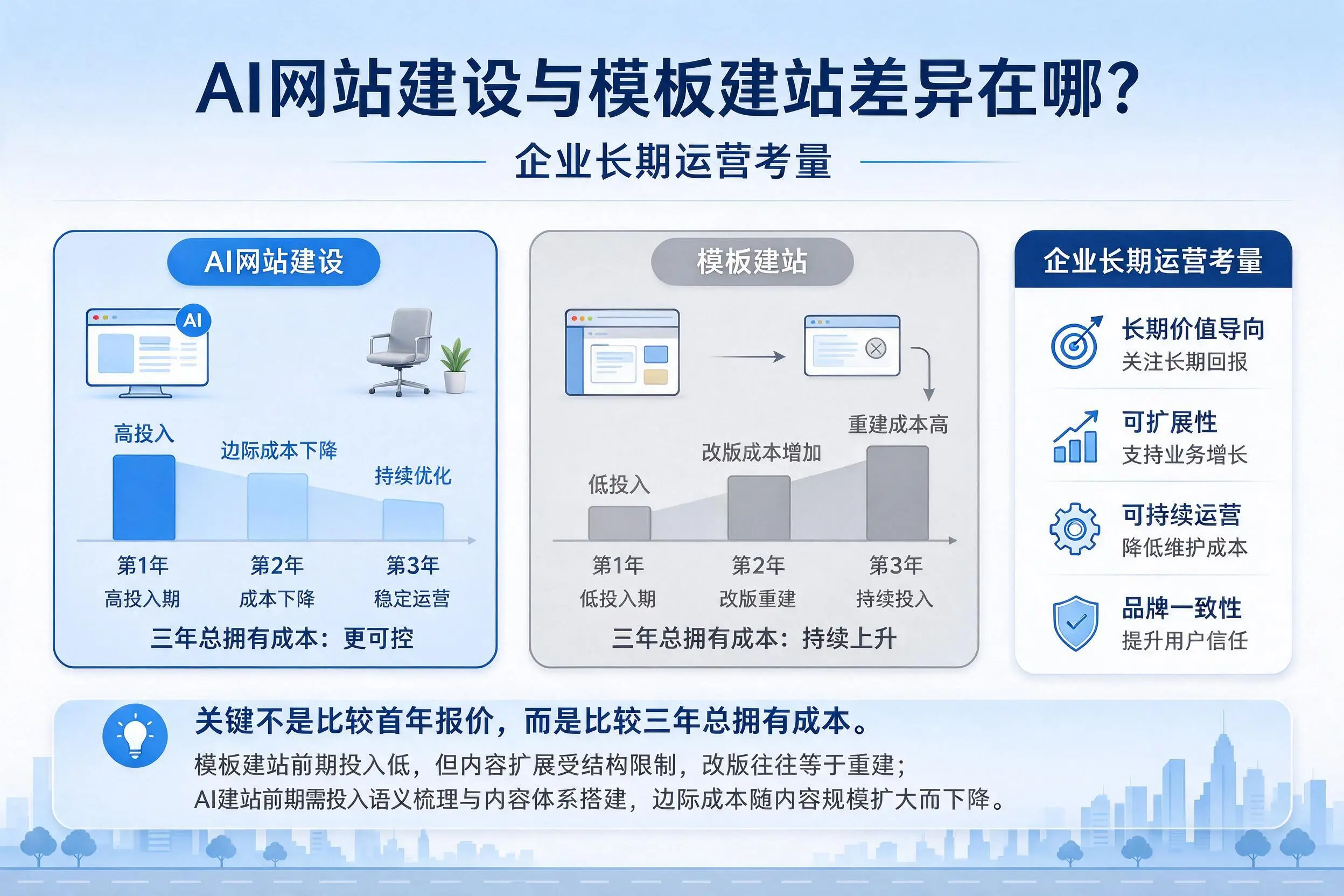 AI网站建设与模板建站差异在哪？鹤壁企业长期运营考量