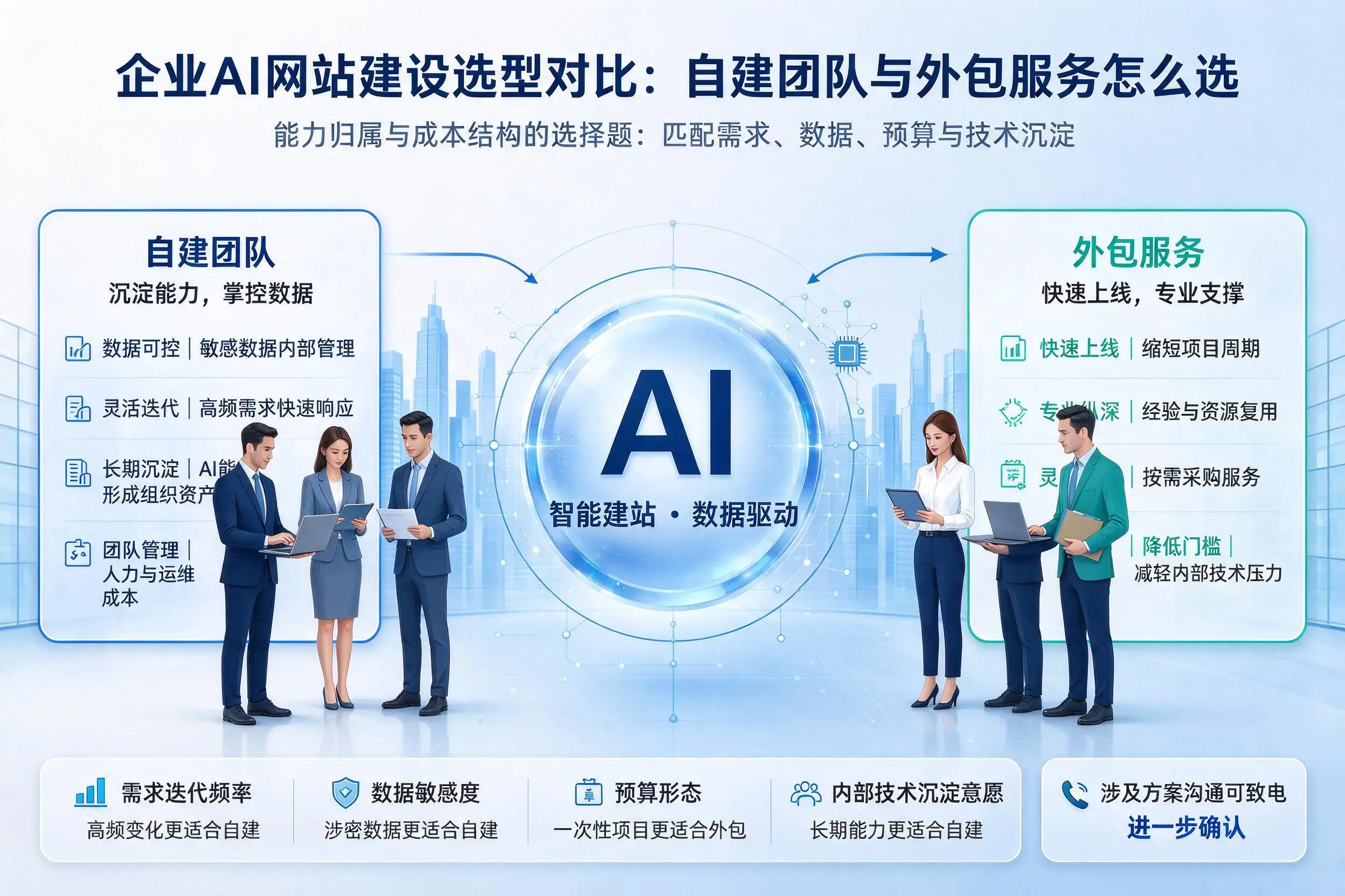 鹤壁企业AI网站建设选型对比:自建团队与外包服务怎么选
